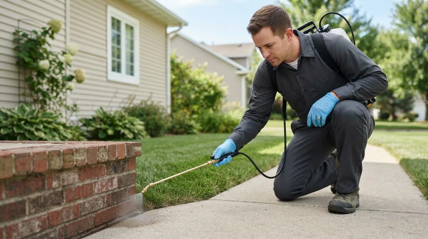 Pest control technician treating a home near Wheatland, MO