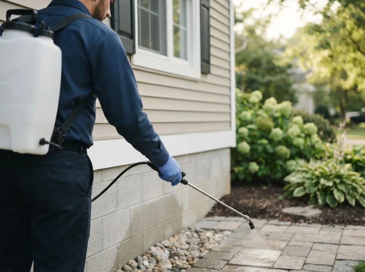 Pest control technician inspecting a home in Wheatland, MO